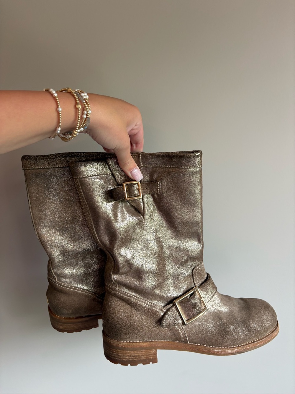 Jimmy Choo “Youth” Shimmer Metallic Leather Biker Boots